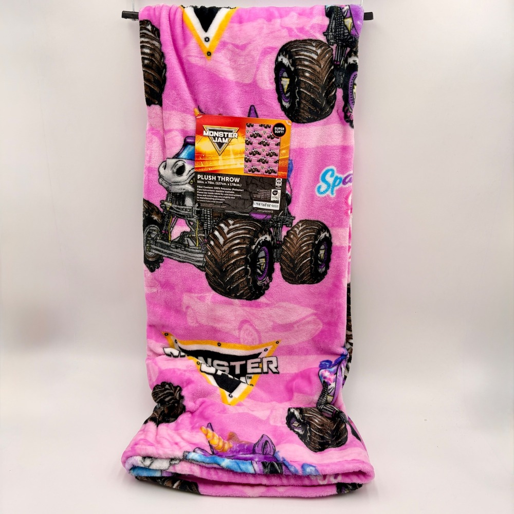 Monster Jam Sparkle Smash Pink Plush Throw Blanket 50x70 Monster Truck Unicorn
